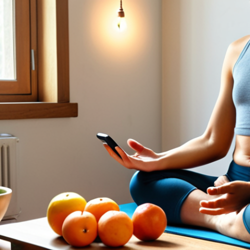 **

A serene person meditating in a clutter-free room with minimal furniture. Sunlight streams through a window. In the background, a smartphone displays a notification screen with a crossed-out notification icon, symbolizing digital detox. In the foreground, a simple, healthy meal of fresh fruits and vegetables is displayed. The overall feeling should be calm and focused.

**