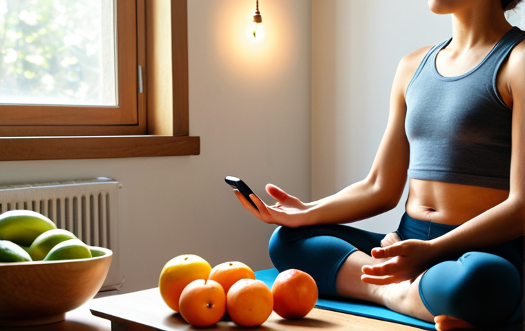 **
A serene person meditating in a clutter-free room with minimal furniture. Sunlight streams through a window. In the background, a smartphone displays a notification screen with a crossed-out notification icon, symbolizing digital detox. In the foreground, a simple, healthy meal of fresh fruits and vegetables is displayed. The overall feeling should be calm and focused.
**