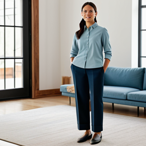 A professional woman, fully clothed in a modest business casual outfit, stands confidently in a meticulously organized, minimalist living room. The space features clean lines, intentional furniture placement, and abundant natural light, creating an atmosphere of peace and clarity. She is in a natural pose, reflecting a sense of liberation from clutter. fully clothed, modest clothing, appropriate attire, professional dress, safe for work, appropriate content, family-friendly, perfect anatomy, correct proportions, well-formed hands, proper finger count, natural body proportions, professional photography, high quality.