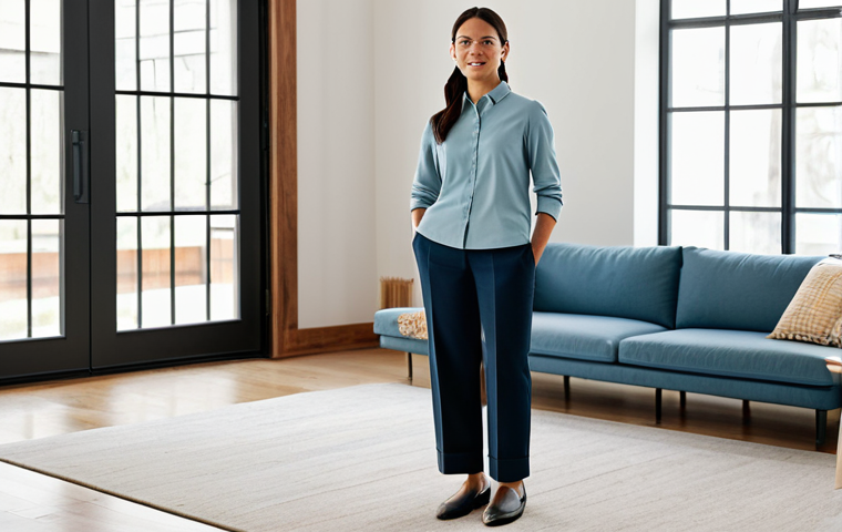 A professional woman, fully clothed in a modest business casual outfit, stands confidently in a meticulously organized, minimalist living room. The space features clean lines, intentional furniture placement, and abundant natural light, creating an atmosphere of peace and clarity. She is in a natural pose, reflecting a sense of liberation from clutter. fully clothed, modest clothing, appropriate attire, professional dress, safe for work, appropriate content, family-friendly, perfect anatomy, correct proportions, well-formed hands, proper finger count, natural body proportions, professional photography, high quality.