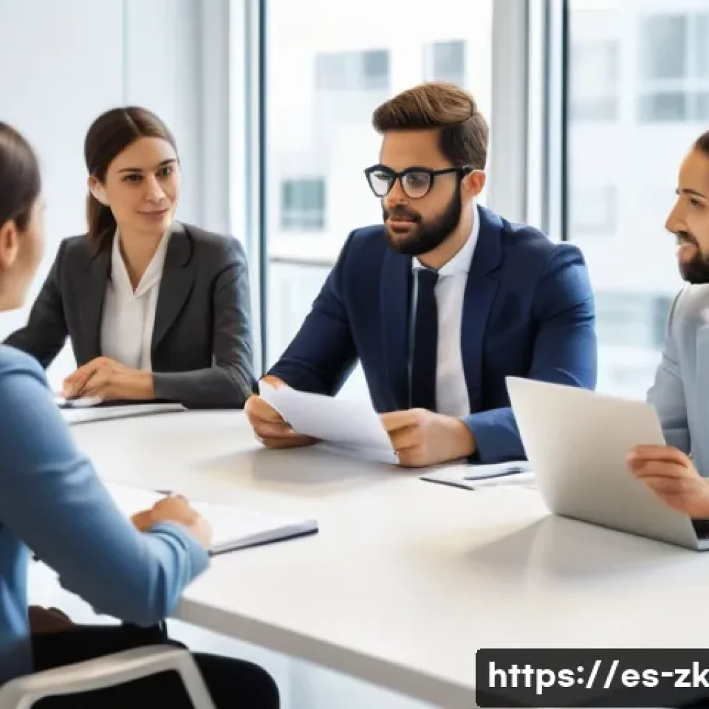 단순함의 철학과 커뮤니케이션의 중요성 - A professional office meeting scene in a modern Spanish workplace, featuring diverse colleagues enga...