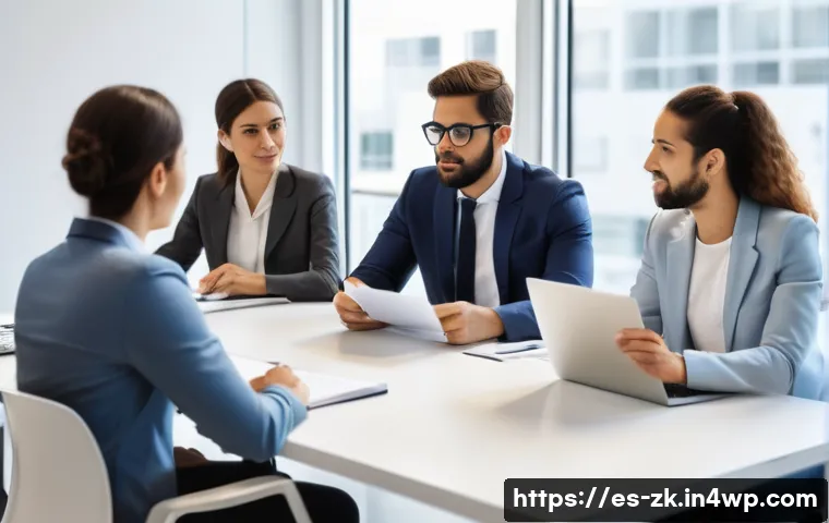단순함의 철학과 커뮤니케이션의 중요성 - A professional office meeting scene in a modern Spanish workplace, featuring diverse colleagues enga...