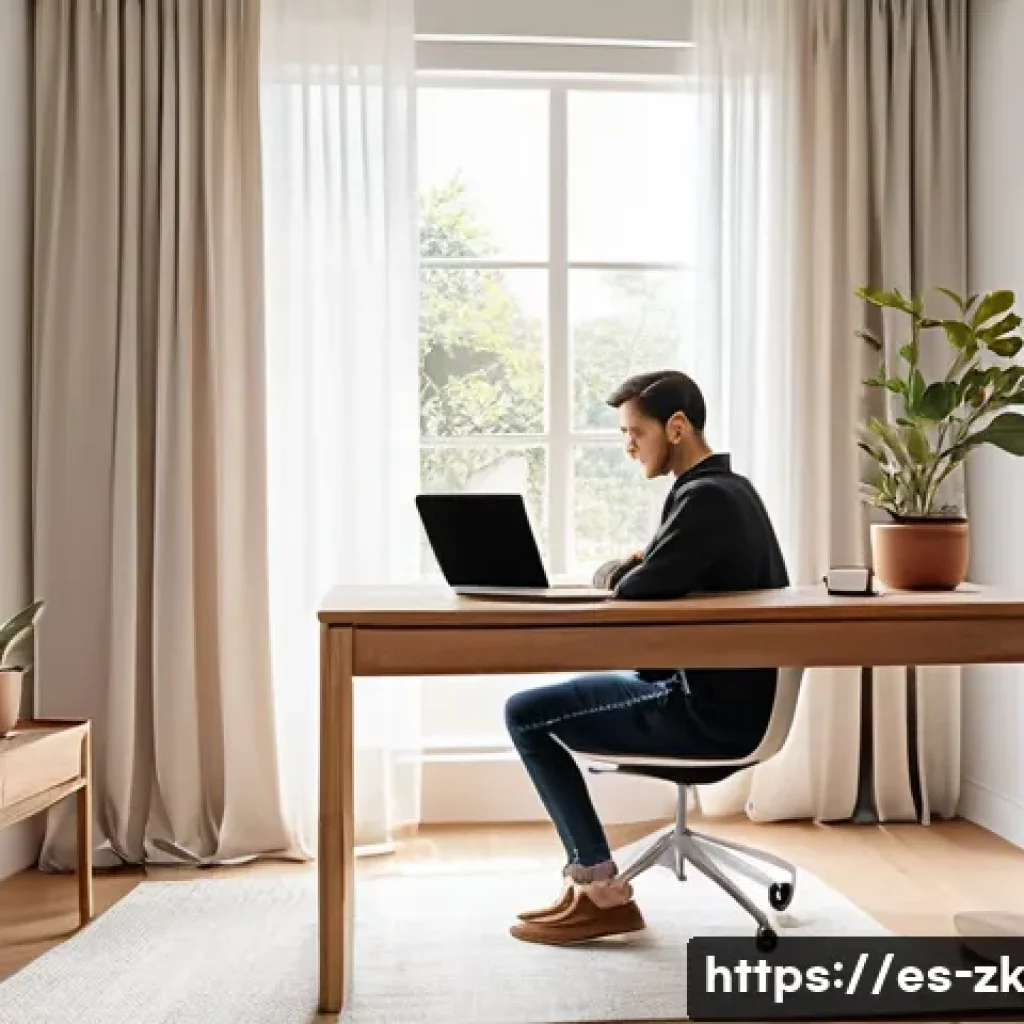 단순함의 철학을 통한 시간의 가치 인식 - A serene minimalist home office bathed in soft natural light, featuring a clean wooden desk with a s...