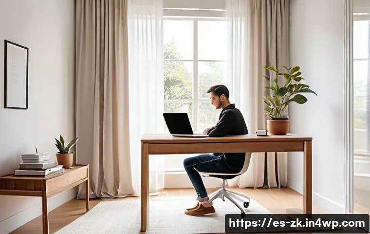 단순함의 철학을 통한 시간의 가치 인식 - A serene minimalist home office bathed in soft natural light, featuring a clean wooden desk with a s...
