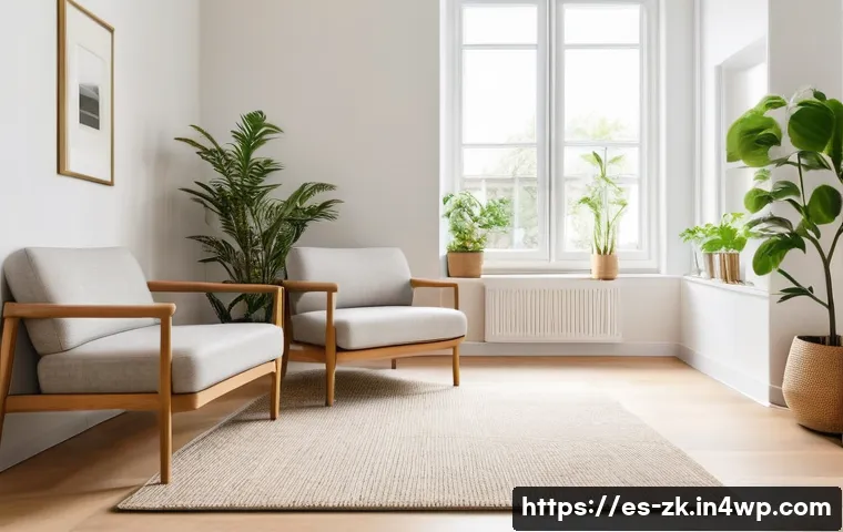 단순함의 철학과 심리적 안정 - A serene, minimalist living room bathed in natural soft light, featuring neutral tones like beige an...