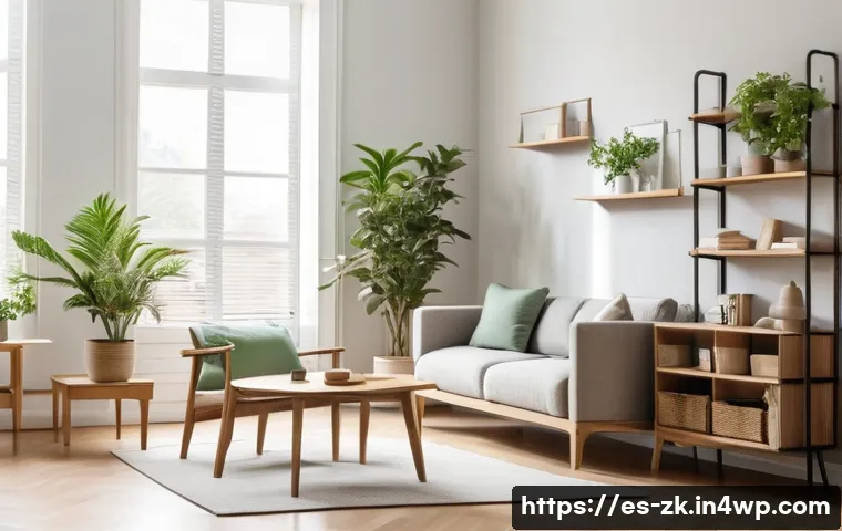 단순함의 철학의 현대적 해석 - A serene minimalist living room bathed in natural sunlight, featuring neutral colors like beige and ...