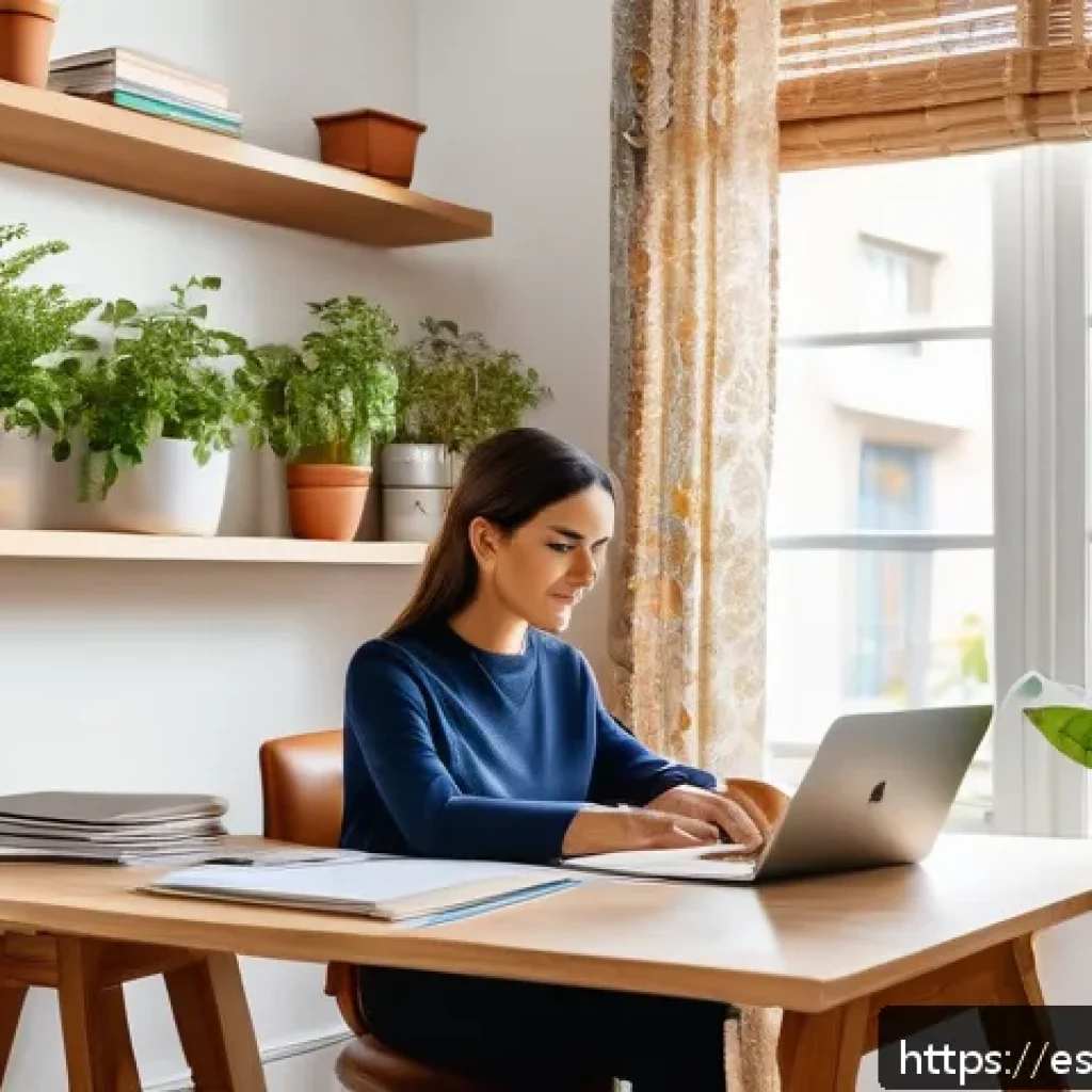 단순함의 철학을 통한 직업적 발전 - A modern, bright home office scene with a Spanish professional woman in smart casual attire, organiz...