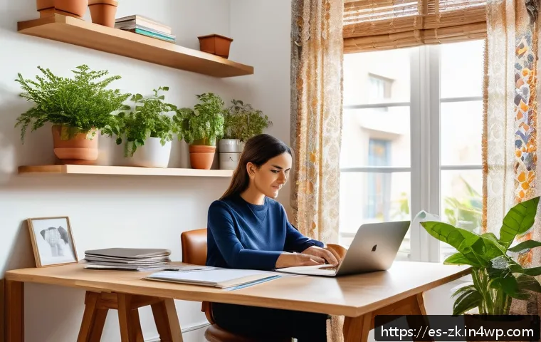 단순함의 철학을 통한 직업적 발전 - A modern, bright home office scene with a Spanish professional woman in smart casual attire, organiz...