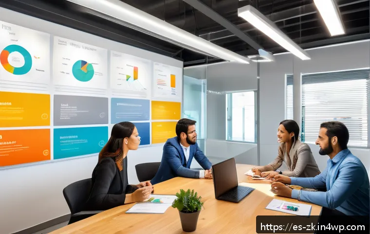 단순함의 철학이 비즈니스에 미치는 영향 - A modern Hispanic office setting where a diverse team collaborates around a large table, using clear...
