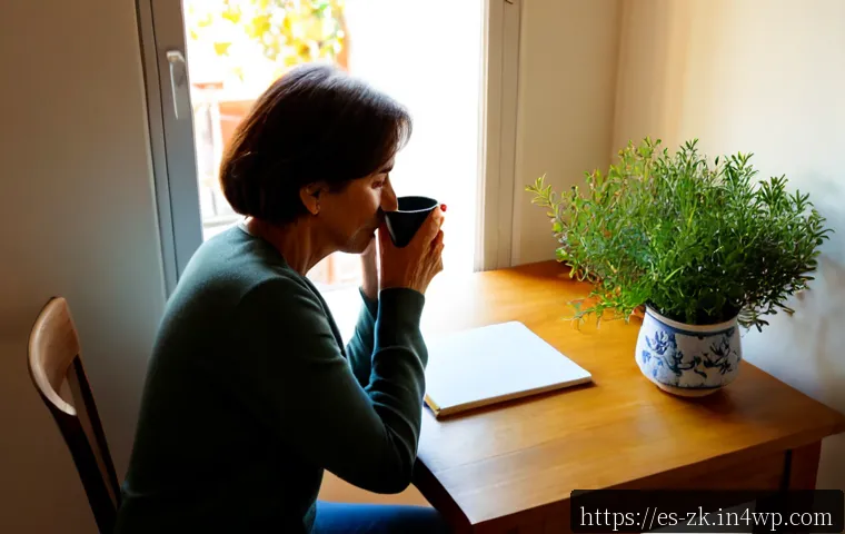 Home 17 단순함의 철학을 통한 스트레스 관리 - Photorealistic serene apartment in Madrid, Spain, a middle-aged woman calmly drinking herbal tea at ...